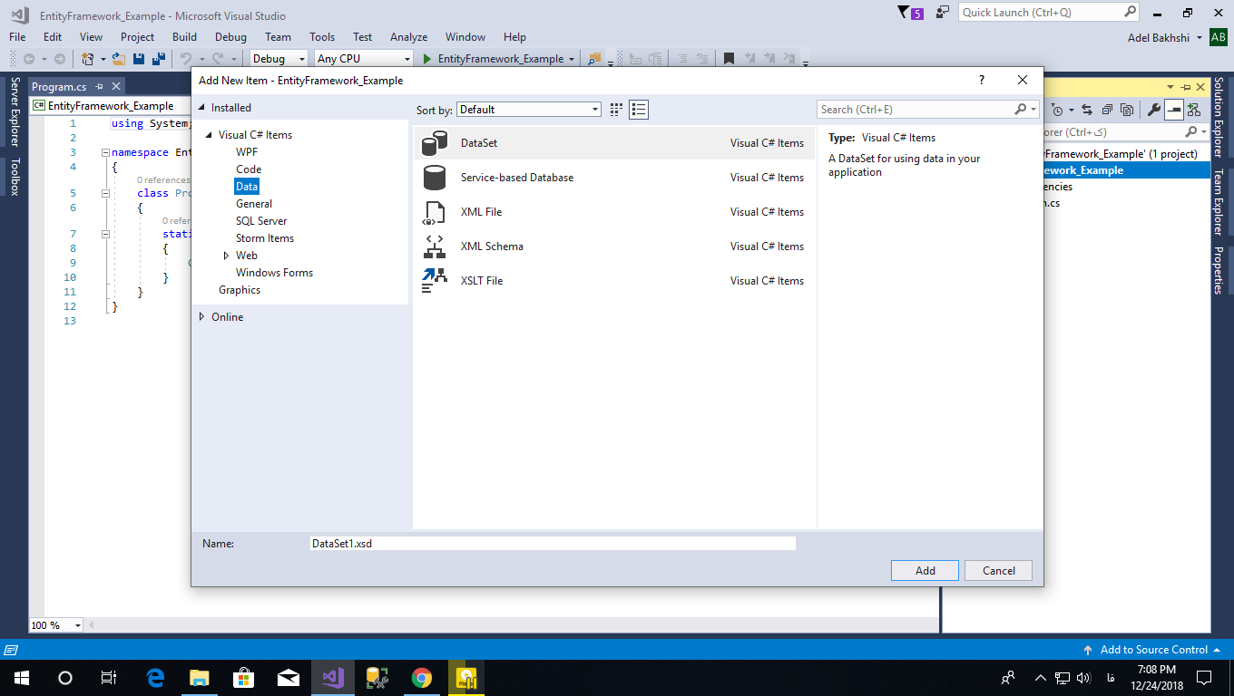 در بخش Data, Entity Framework نیست اصلا