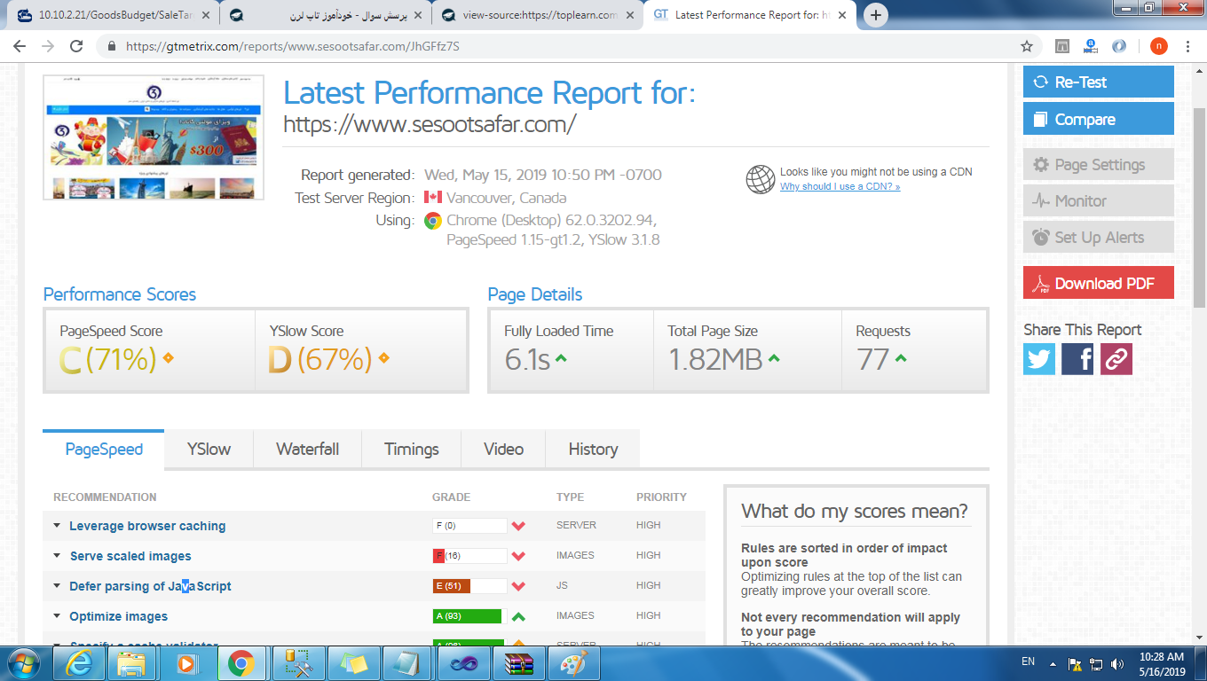 حجم صفحه سایتم در gtmetrix